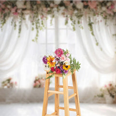 Lofaris Elegant White Sheer Curtains and Floral Window Photography Backdrop Romantic Pink Flowers Greenery Decor