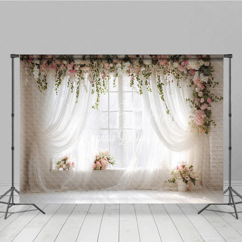 Lofaris Elegant White Sheer Curtains and Floral Window Photography Backdrop Romantic Pink Flowers Greenery Decor