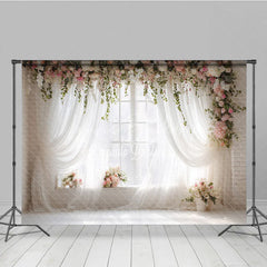 Lofaris Elegant White Sheer Curtains and Floral Window Photography Backdrop Romantic Pink Flowers Greenery Decor