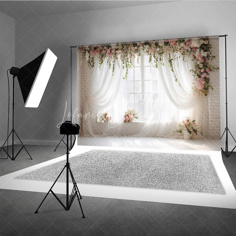 Lofaris Elegant White Sheer Curtains and Floral Window Photography Backdrop Romantic Pink Flowers Greenery Decor