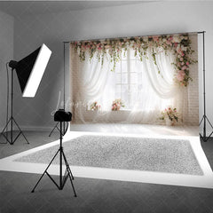 Lofaris Elegant White Sheer Curtains and Floral Window Photography Backdrop Romantic Pink Flowers Greenery Decor