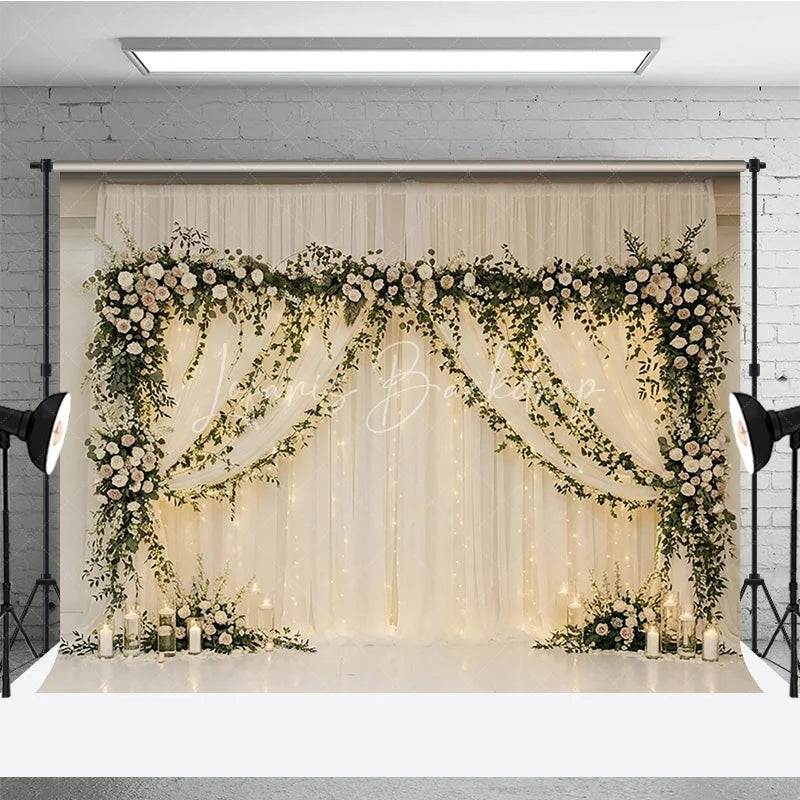 Lofaris Elegant White Sheer Drapes Photography Backdrop Romantic Floral Garlands and String Lights Decor