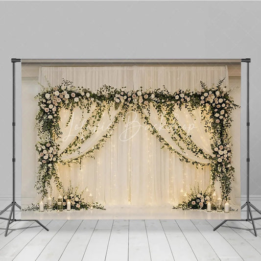 Lofaris Elegant White Sheer Drapes Photography Backdrop Romantic Floral Garlands and String Lights Decor