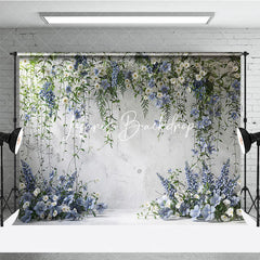 Lofaris Elegant White Textured Wall with Blue and Floral Vines Photography Backdrop Wedding Party Portrait Decor