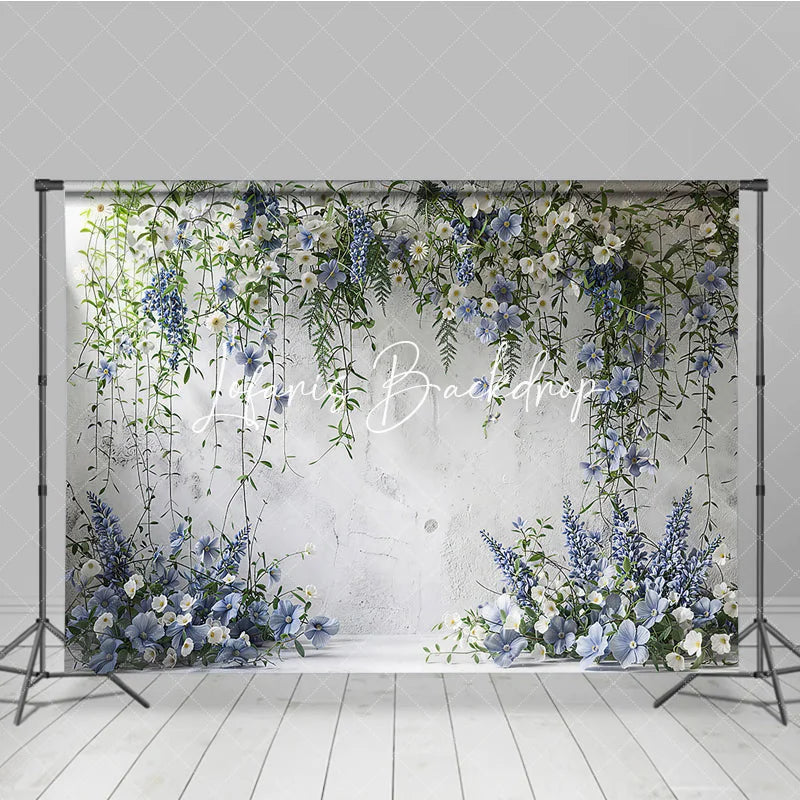 Lofaris Elegant White Textured Wall with Blue and Floral Vines Photography Backdrop Wedding Party Portrait Decor