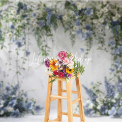 Lofaris Elegant White Textured Wall with Blue and Floral Vines Photography Backdrop Wedding Party Portrait Decor