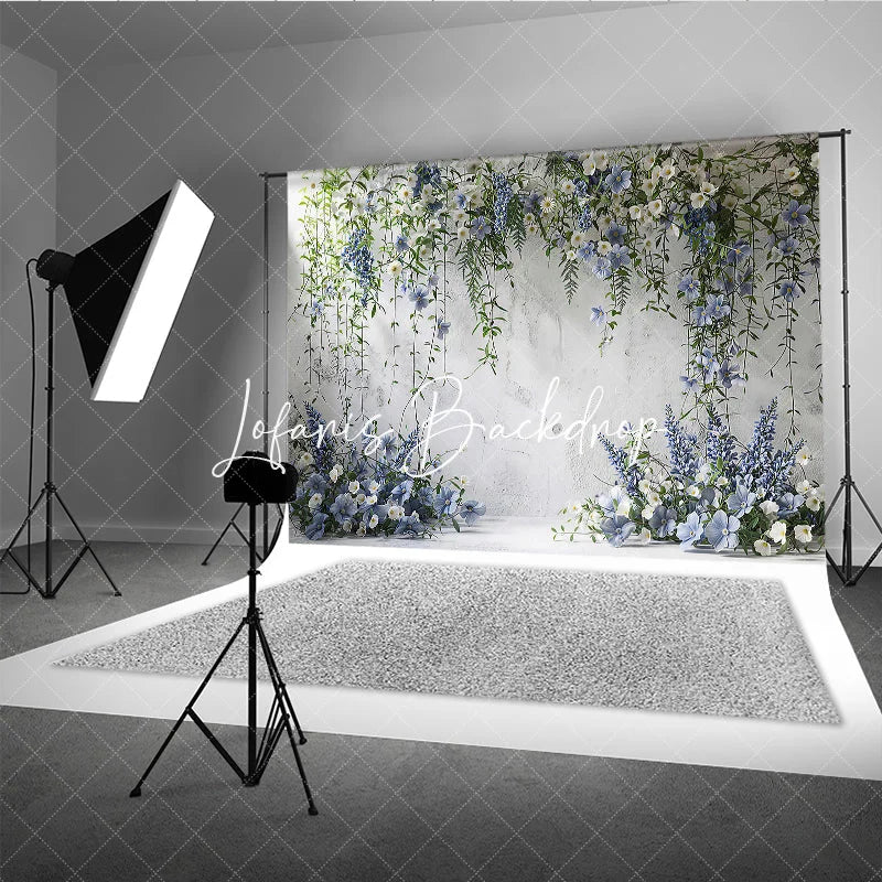 Lofaris Elegant White Textured Wall with Blue and Floral Vines Photography Backdrop Wedding Party Portrait Decor
