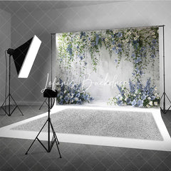 Lofaris Elegant White Textured Wall with Blue and Floral Vines Photography Backdrop Wedding Party Portrait Decor