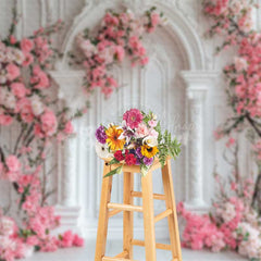 Lofaris Elegant White Wall Photography Backdrop Pink Cherry Blossoms Arch Spring Wedding or Bridal Shower Studio Photo Prop