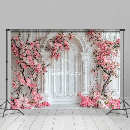 Lofaris Elegant White Wall Photography Backdrop Pink Cherry Blossoms Arch Spring Wedding or Bridal Shower Studio Photo Prop