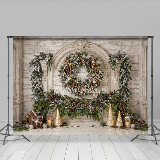 Lofaris Elegant White Wood Fireplace Christmas Holiday Backdrop Frosted Garland Pinecones and Red Berries Winter Celebration