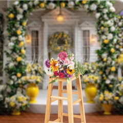 Lofaris Elegant White Wooden House Photography Backdrop with Yellow and Roses Floral Archway Garden Scene