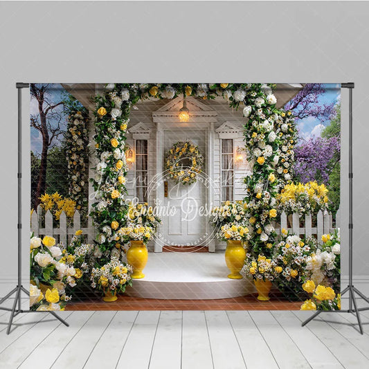 Lofaris Elegant White Wooden House Photography Backdrop with Yellow and Roses Floral Archway Garden Scene