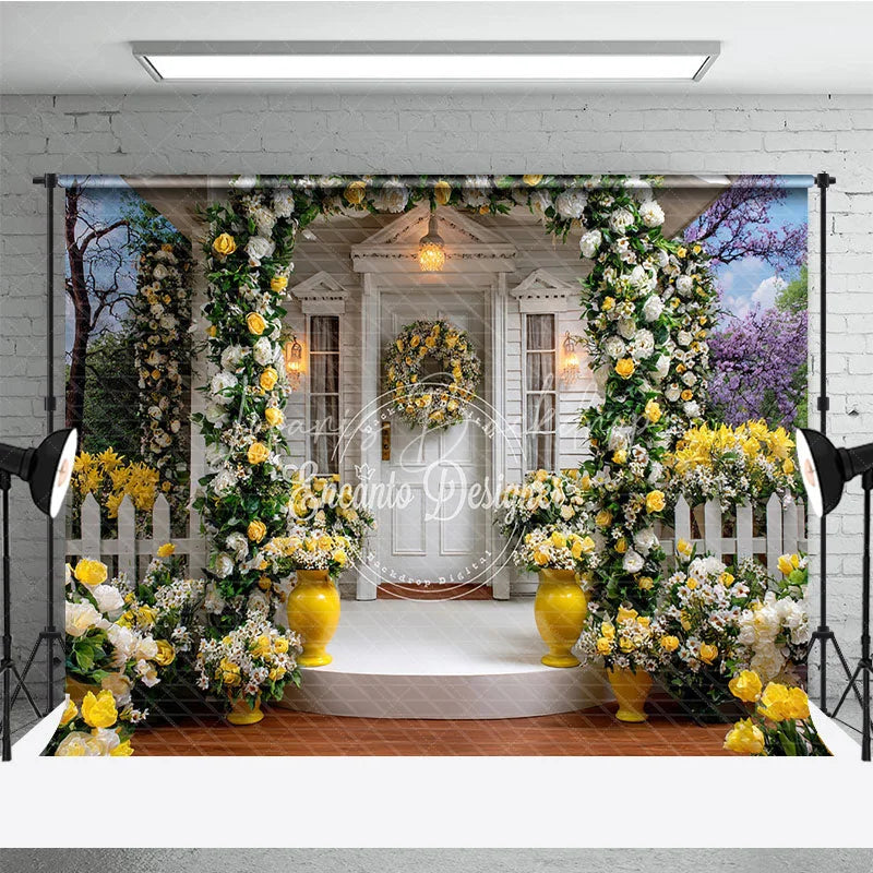 Lofaris Elegant White Wooden House Photography Backdrop with Yellow and Roses Floral Archway Garden Scene
