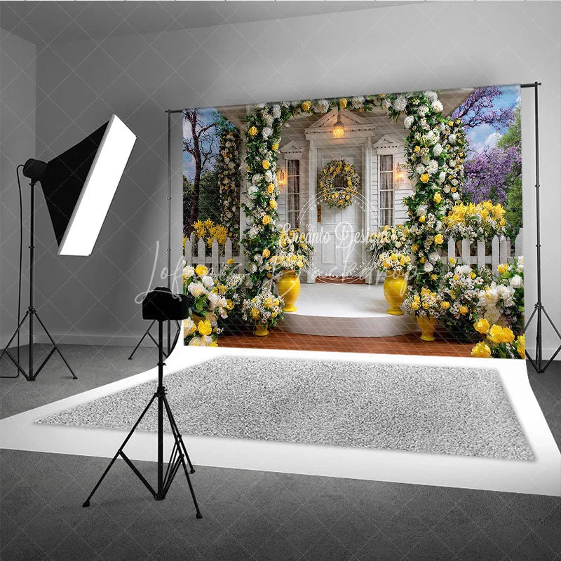 Lofaris Elegant White Wooden House Photography Backdrop with Yellow and Roses Floral Archway Garden Scene