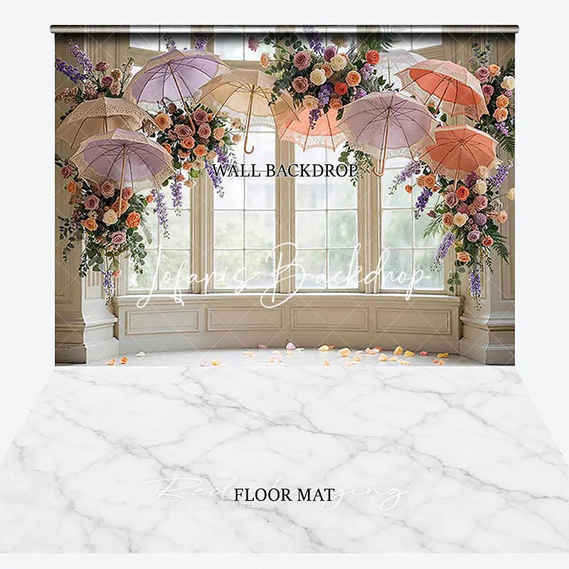 Lofaris Elegant Window Pillars Umbrellas Flowers Marble Floor Combo Set Backdrop Romantic Wedding Party Decor