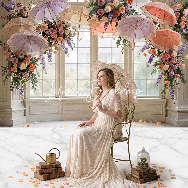 Lofaris Elegant Window Pillars Umbrellas Flowers Marble Floor Combo Set Backdrop Romantic Wedding Party Decor