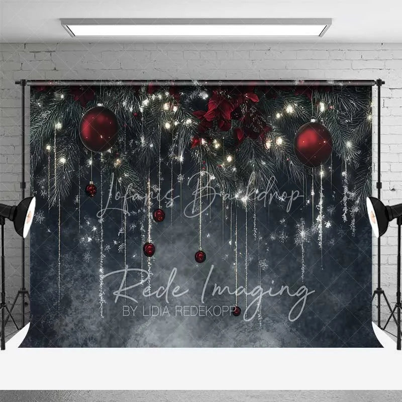 Lofaris Elegant Winter Night Backdrop Dark Grey Wall Hanging Icicles Red Ornaments Photo Background