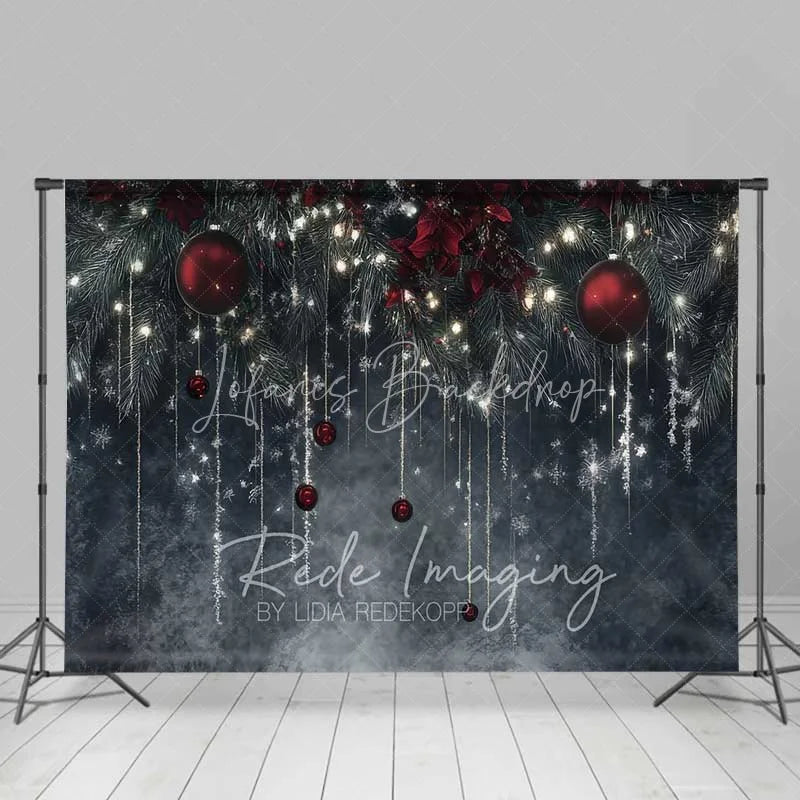 Lofaris Elegant Winter Night Backdrop Dark Grey Wall Hanging Icicles Red Ornaments Photo Background