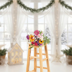 Lofaris Elegant Winter Window Holiday Backdrop with Snow Scene Festive Garlands and Illuminated House Decor