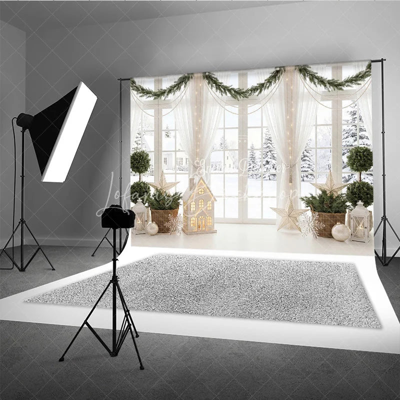 Lofaris Elegant Winter Window Holiday Backdrop with Snow Scene Festive Garlands and Illuminated House Decor