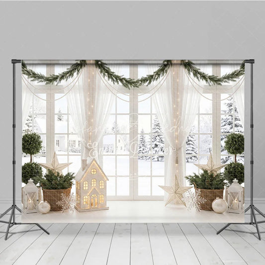 Lofaris Elegant Winter Window Holiday Backdrop with Snow Scene Festive Garlands and Illuminated House Decor