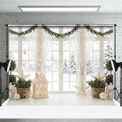 Lofaris Elegant Winter Window Holiday Backdrop with Snow Scene Festive Garlands and Illuminated House Decor