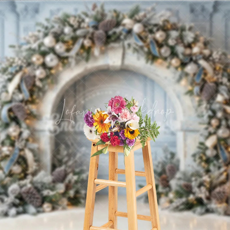 Lofaris Elegant Winter Wonderland Holiday Backdrop Frosted Pine and Ornaments with String Lights Archway