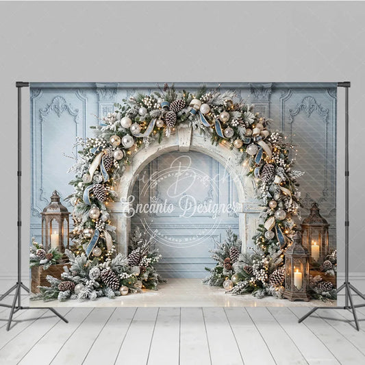 Lofaris Elegant Winter Wonderland Holiday Backdrop Frosted Pine and Ornaments with String Lights Archway