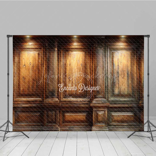 Lofaris Elegant Wood Wall Photography Backdrop Vintage Library or Office with Spotlights Classic Dark Academia Photo Prop