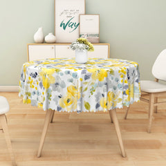 Lofaris Elegant Yellow Flowers Green Trim Wave Tablecloth