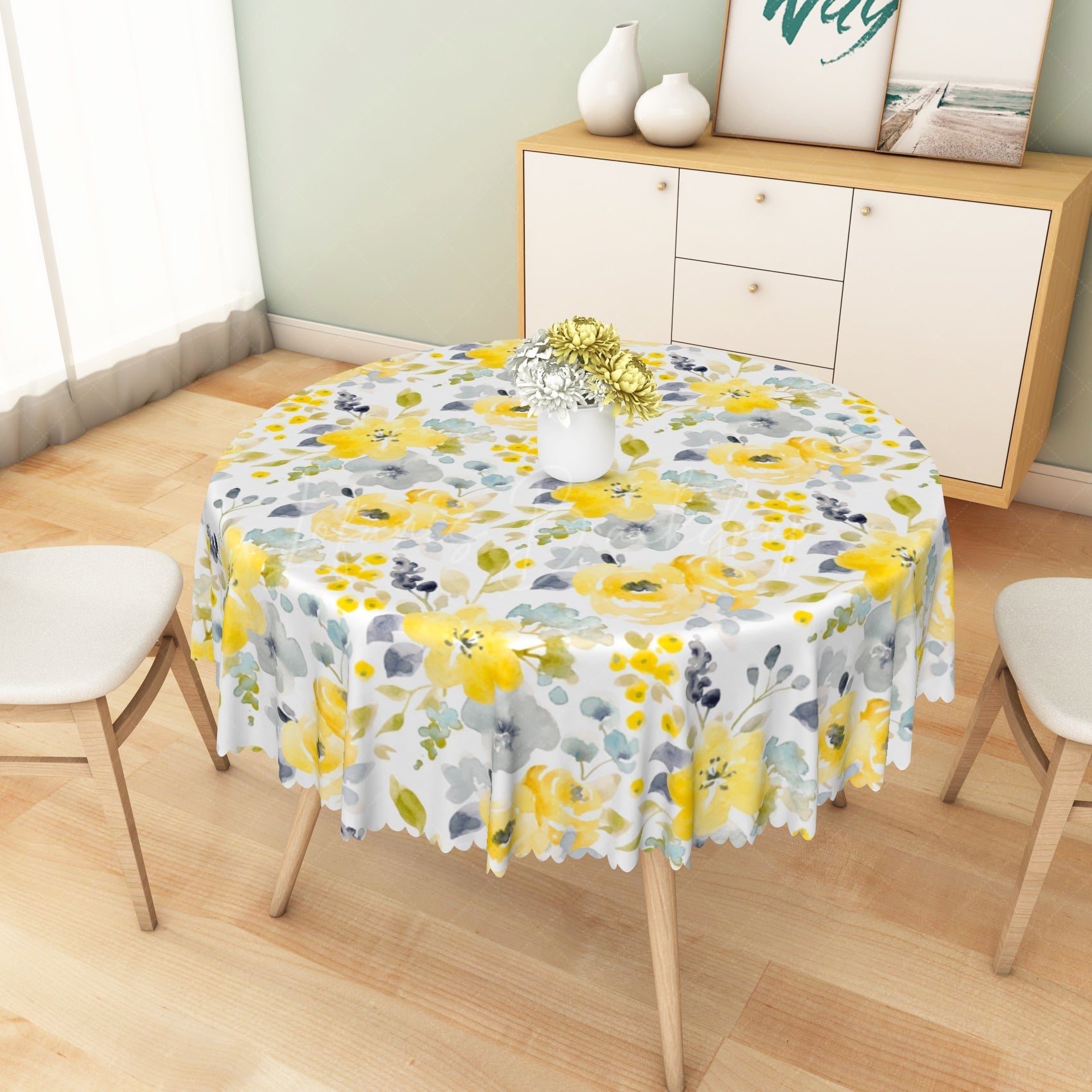 Lofaris Elegant Yellow Flowers Green Trim Wave Tablecloth
