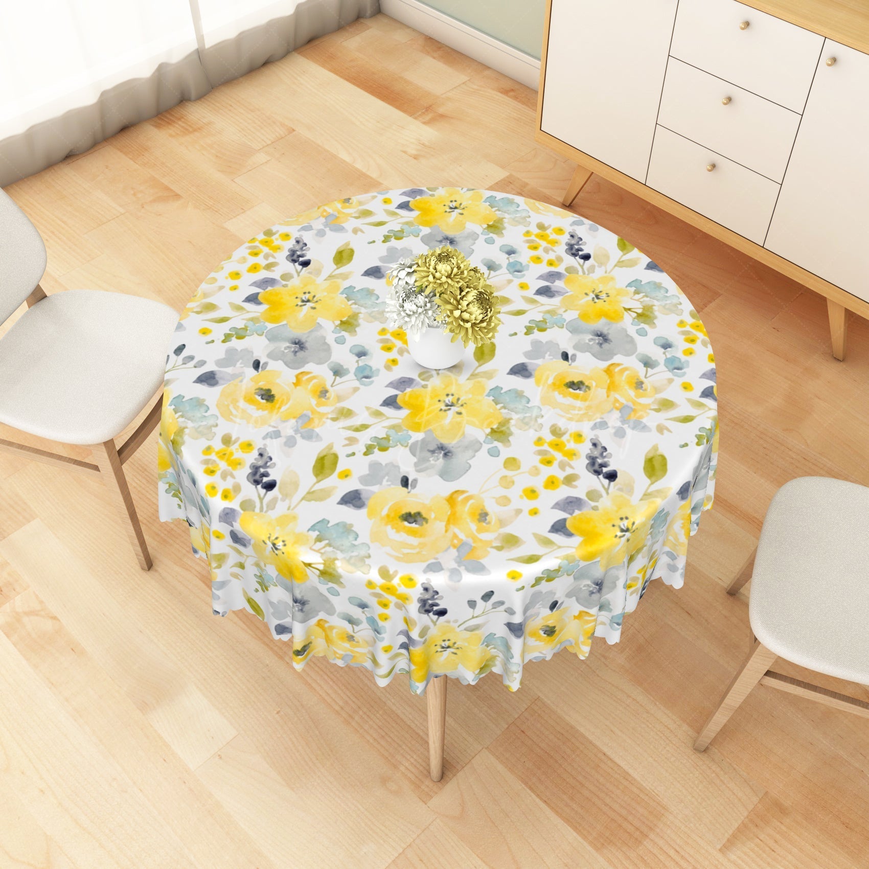 Lofaris Elegant Yellow Flowers Green Trim Wave Tablecloth