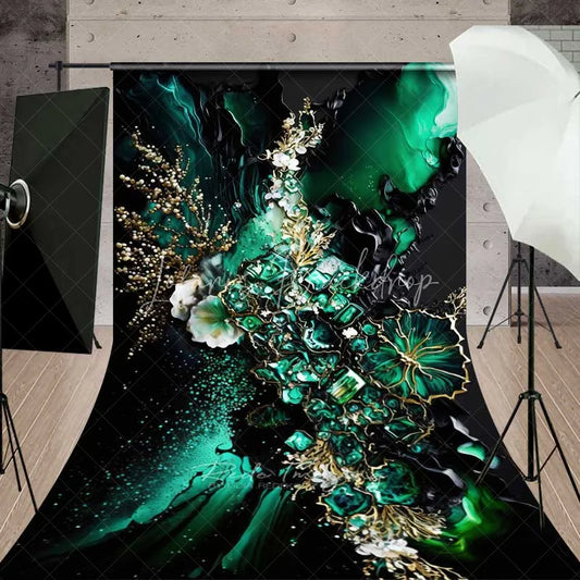 Lofaris Emerald Green Fluid Art and Gold Floral Backdrop Luxury Abstract Geode Texture Photography Background