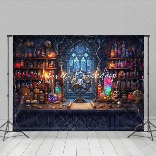 Lofaris Enchanted Alchemist Workshop Photography Backdrop Gothic Window Celestial Armillary Sphere Magical Potions and Scrolls