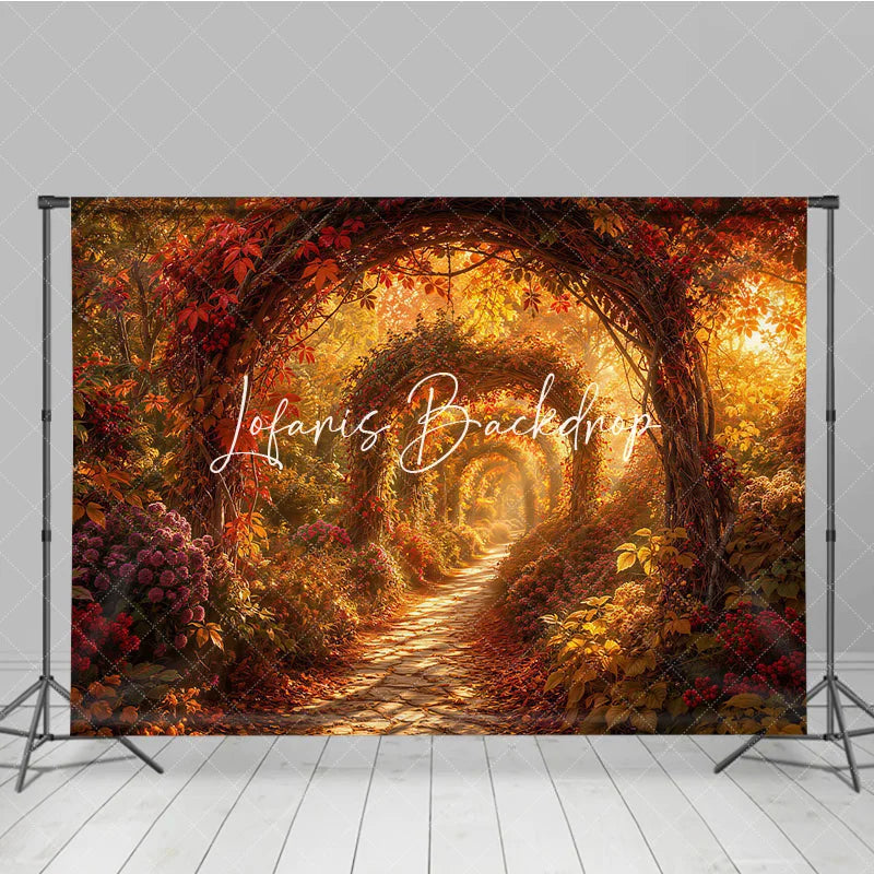 Lofaris Enchanted Autumn Archway Path Photography Backdrop Vibrant Red and Orange Fall Colors for Photoshoot