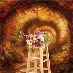 Lofaris Enchanted Autumn Archway Path Photography Backdrop Vibrant Red and Orange Fall Colors for Photoshoot