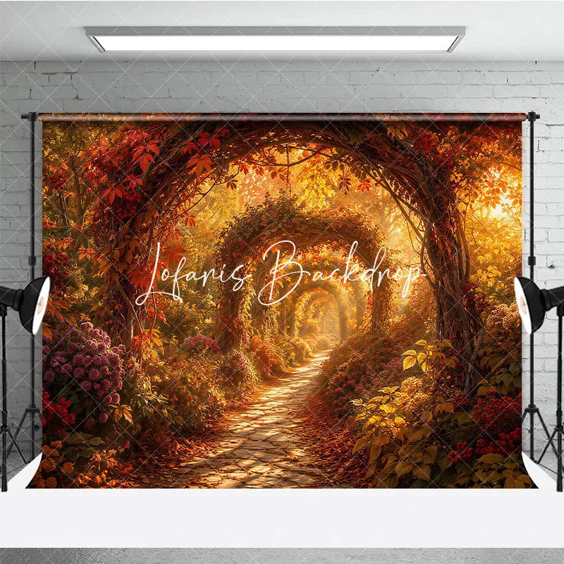 Lofaris Enchanted Autumn Archway Path Photography Backdrop Vibrant Red and Orange Fall Colors for Photoshoot