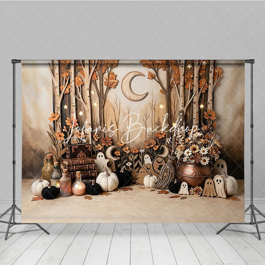Lofaris Enchanted Autumn Forest Photography Backdrop featuring Ghosts Pumpkins Stars and Crescent Moon for Halloween