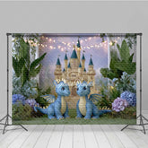 Lofaris Enchanted Castle Cake Smash Photography Backdrop Cute Twin Dragons with Fairy Lights Magical Birthday Prop