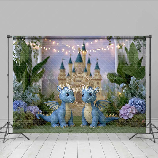Lofaris Enchanted Castle Cake Smash Photography Backdrop Cute Twin Dragons with Fairy Lights Magical Birthday Prop