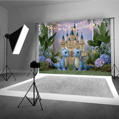 Lofaris Enchanted Castle Cake Smash Photography Backdrop Cute Twin Dragons with Fairy Lights Magical Birthday Prop