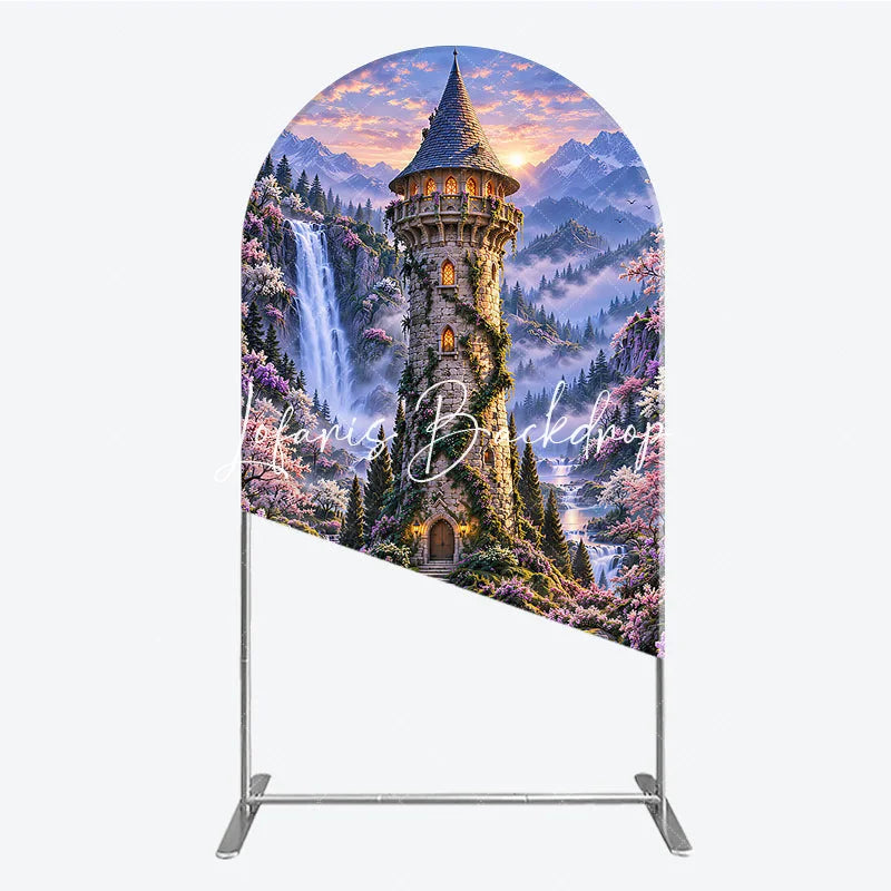 Lofaris Enchanted Castle Tower Waterfall Round Top Arch Backdrop Magical Fairytale Cherry Blossom Forest Sunset Decor