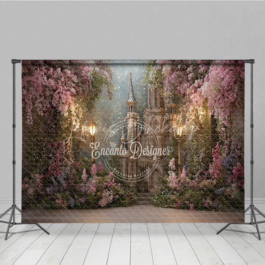 Lofaris Enchanted Castle with Pink and Purple Flowers Photography Backdrop Magical Fairytale Princess Birthday Party Decor.