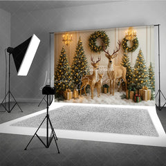 Lofaris Enchanted Christmas Photography Backdrop Reindeer Family in a Snowy Room Elegant Holiday Mini Session Background