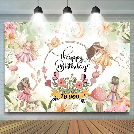 Lofaris Enchanted Fairy Garden Happy Birthday Backdrop with Whimsical Fairies Mushrooms and Pastel Flowers for Girls Party