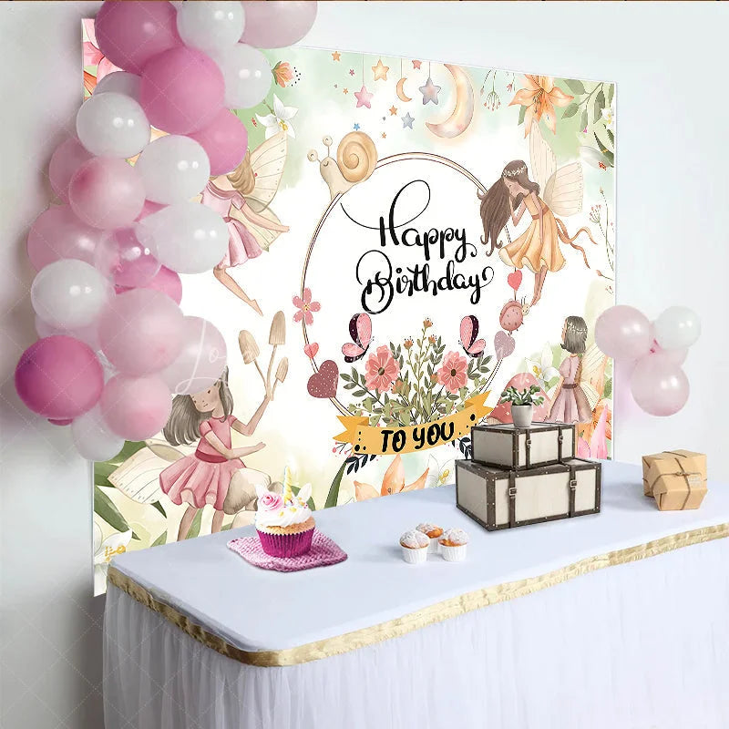 Lofaris Enchanted Fairy Garden Happy Birthday Backdrop with Whimsical Fairies Mushrooms and Pastel Flowers for Girls Party