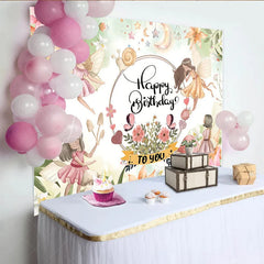 Lofaris Enchanted Fairy Garden Happy Birthday Backdrop with Whimsical Fairies Mushrooms and Pastel Flowers for Girls Party