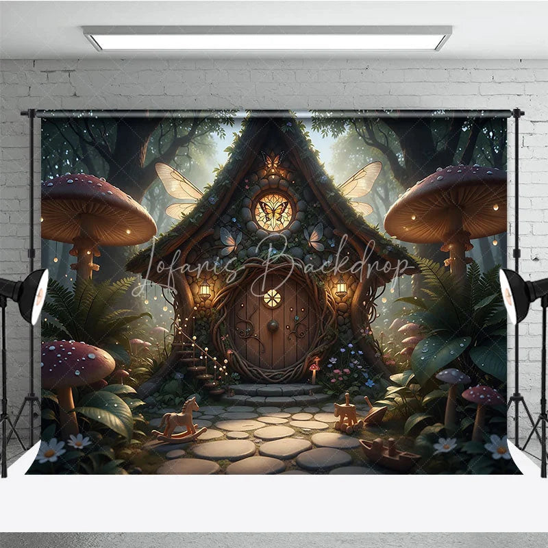 Lofaris Enchanted Fairy House Photography Backdrop with Magical Forest Glowing Mushrooms and Whimsical Butterfly Wings