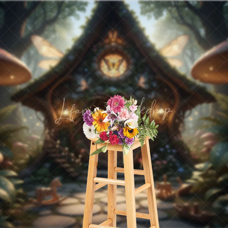 Lofaris Enchanted Fairy House Photography Backdrop with Magical Forest Glowing Mushrooms and Whimsical Butterfly Wings